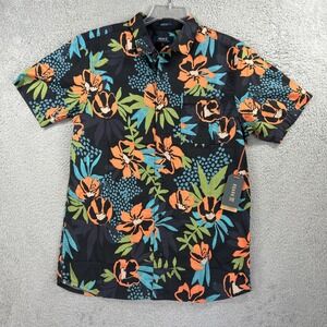 Roark Shirt Mens Medium Black Floral Hawaiian‎ Tropical Beach Journey Tahiti NEW